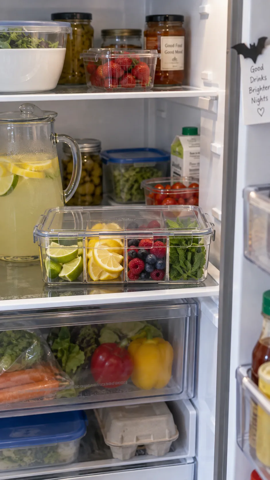 Covered drink garnish container organized on a small refrigerator shelf