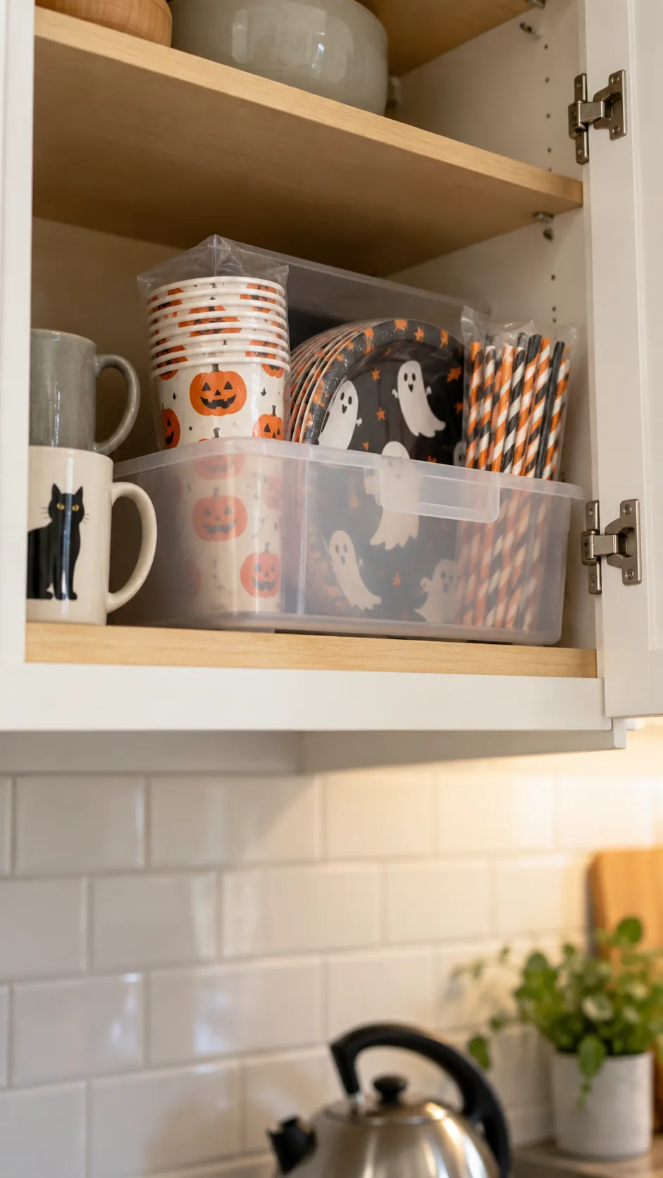Reserve Halloween paper goods stored in a lidded upper cabinet bin