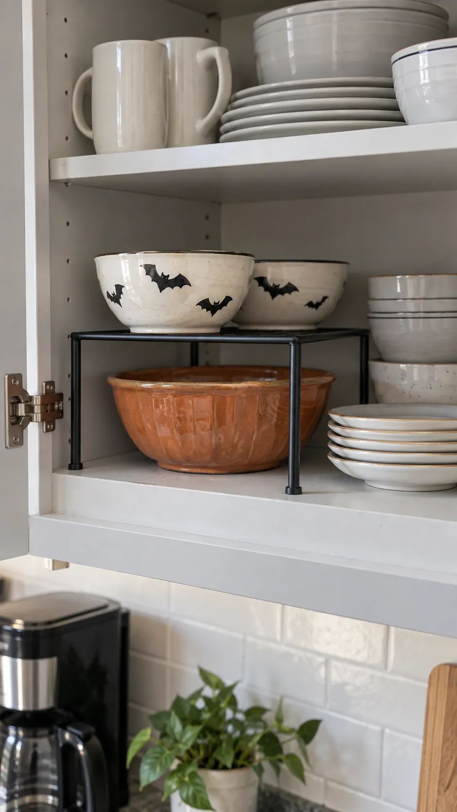 Small Halloween serving bowls organized on a compact cabinet shelf riser