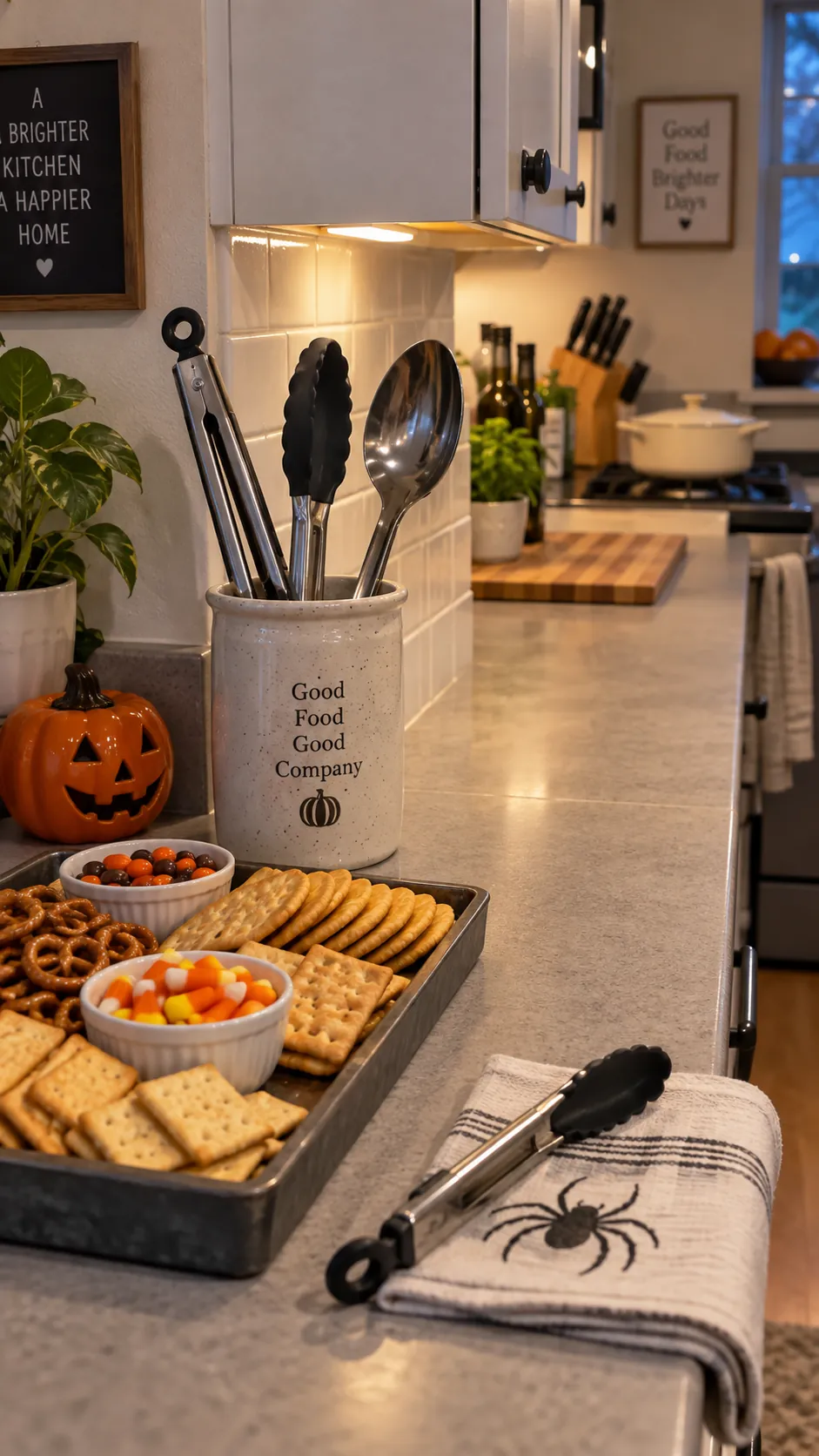Serving tongs and spoons organized beside a compact Halloween snack station