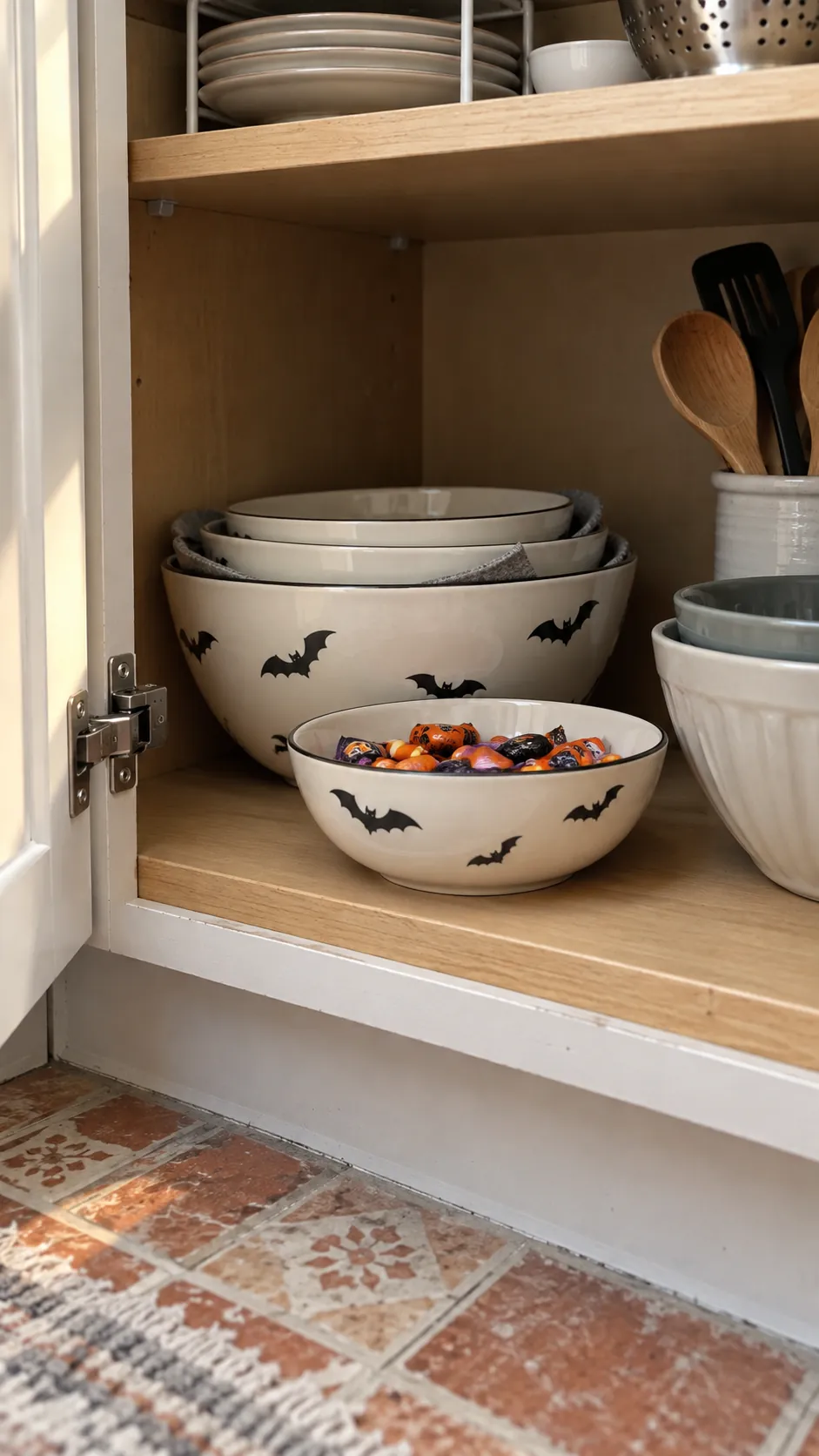 Halloween party serving bowls nested neatly in a small kitchen cabinet