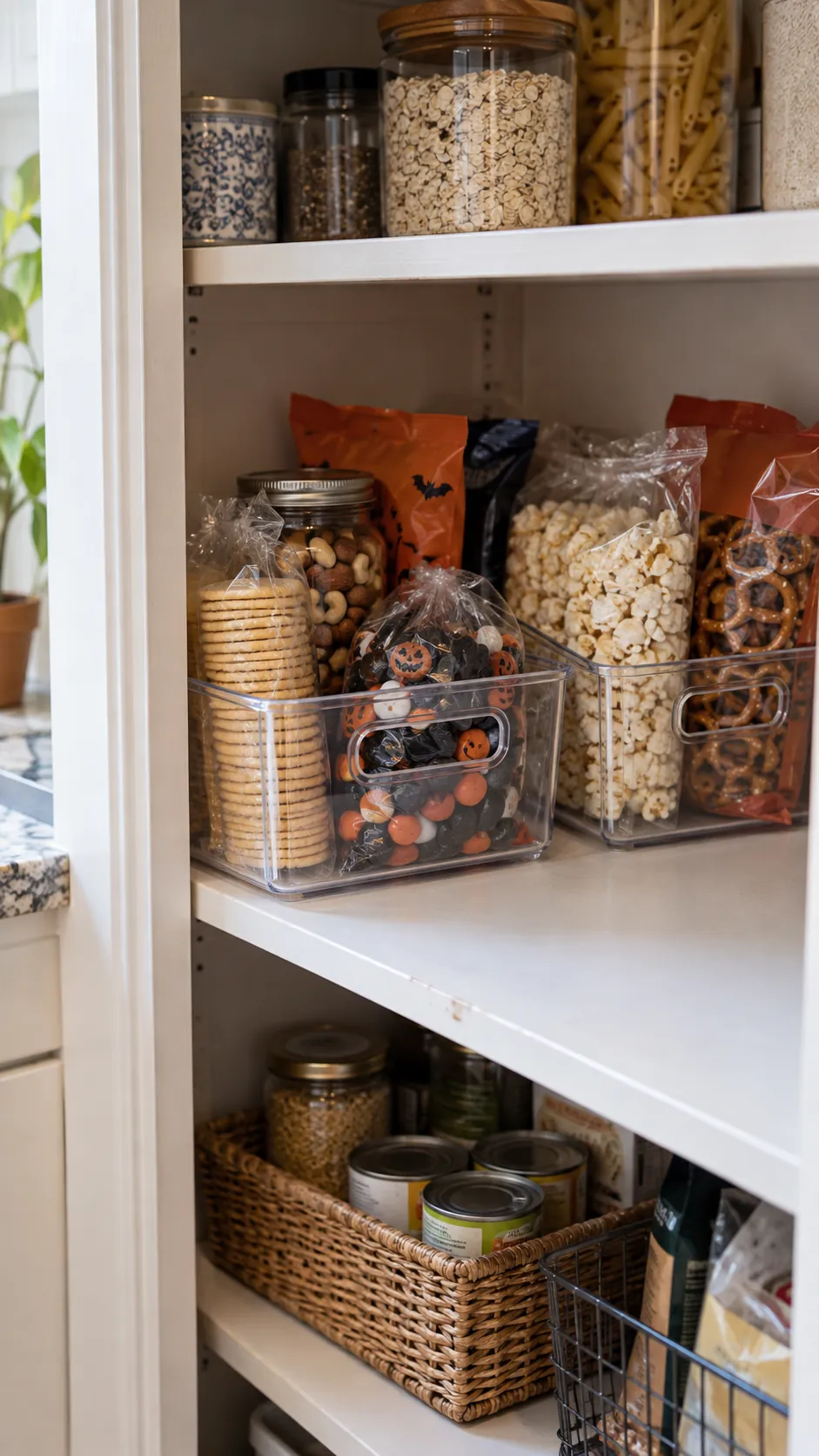 Halloween snack ingredients grouped in shallow pantry bins in a small kitchen