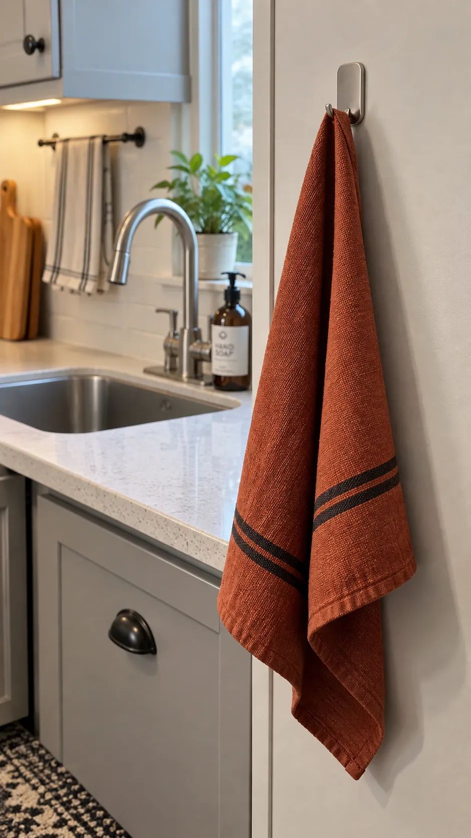 Clean party hand towel hanging from a removable hook in a compact kitchen