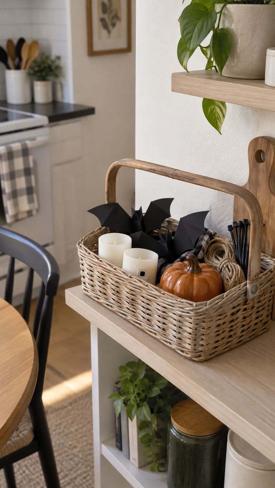 Compact caddy holding small Halloween decorations and battery lights