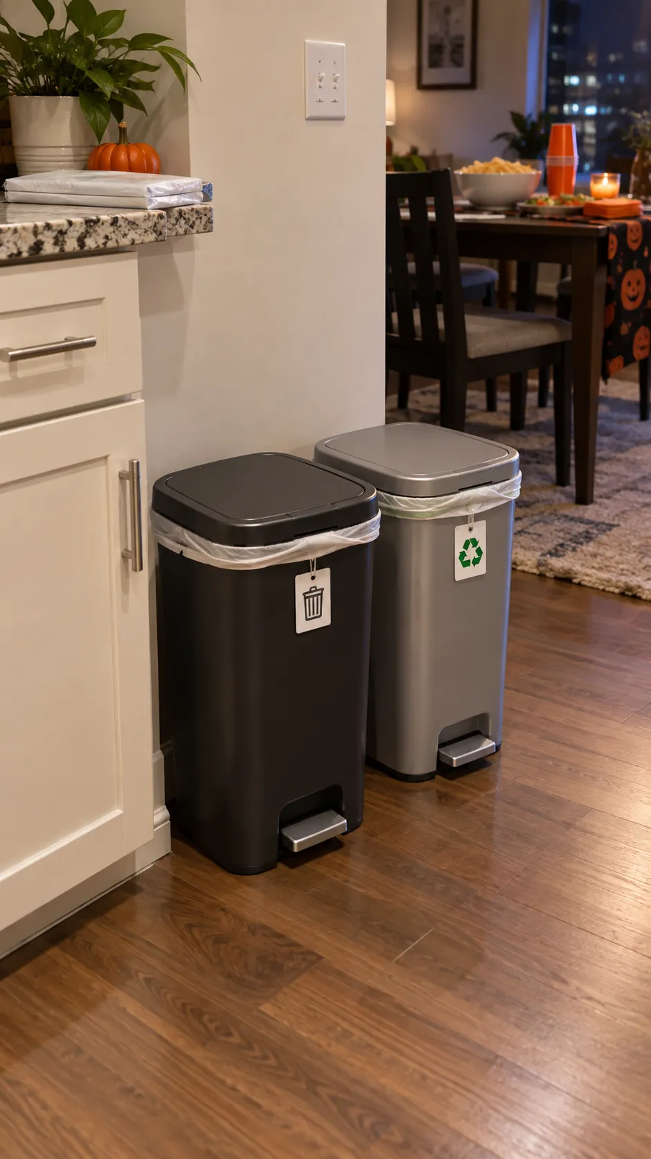 Two compact lined waste containers positioned beside a small kitchen party station