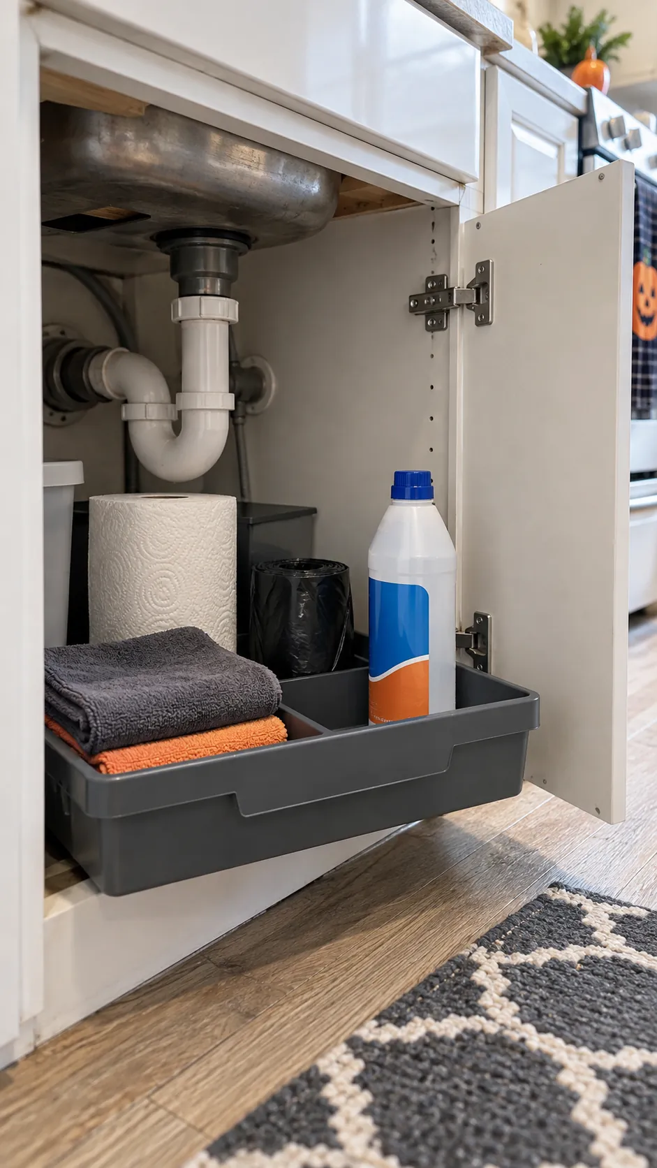 Small kitchen under sink cleanup tray prepared for a Halloween party