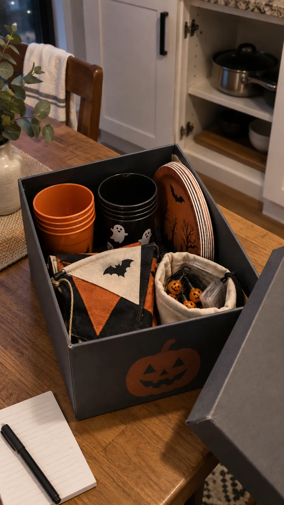 Halloween party supplies packed by function in a compact storage box