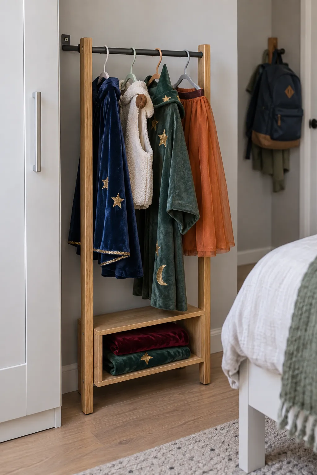 Narrow child height costume rail and low cubby in a shared bedroom