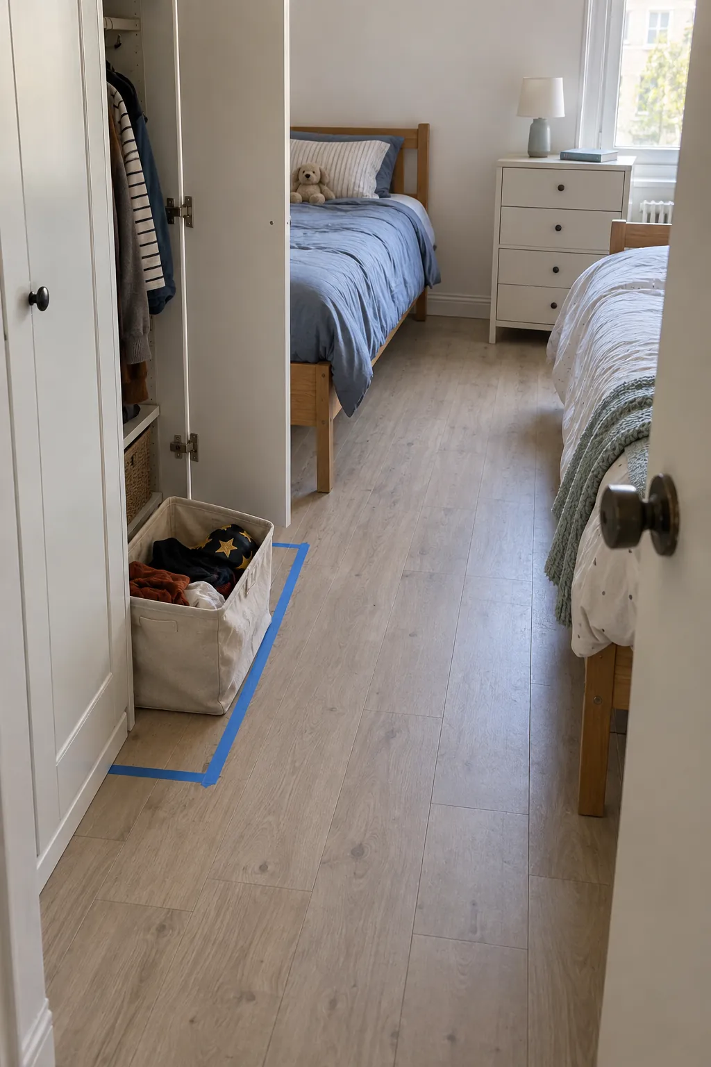 Small shared kids bedroom with a measured costume station beside a wardrobe and a clear walking path
