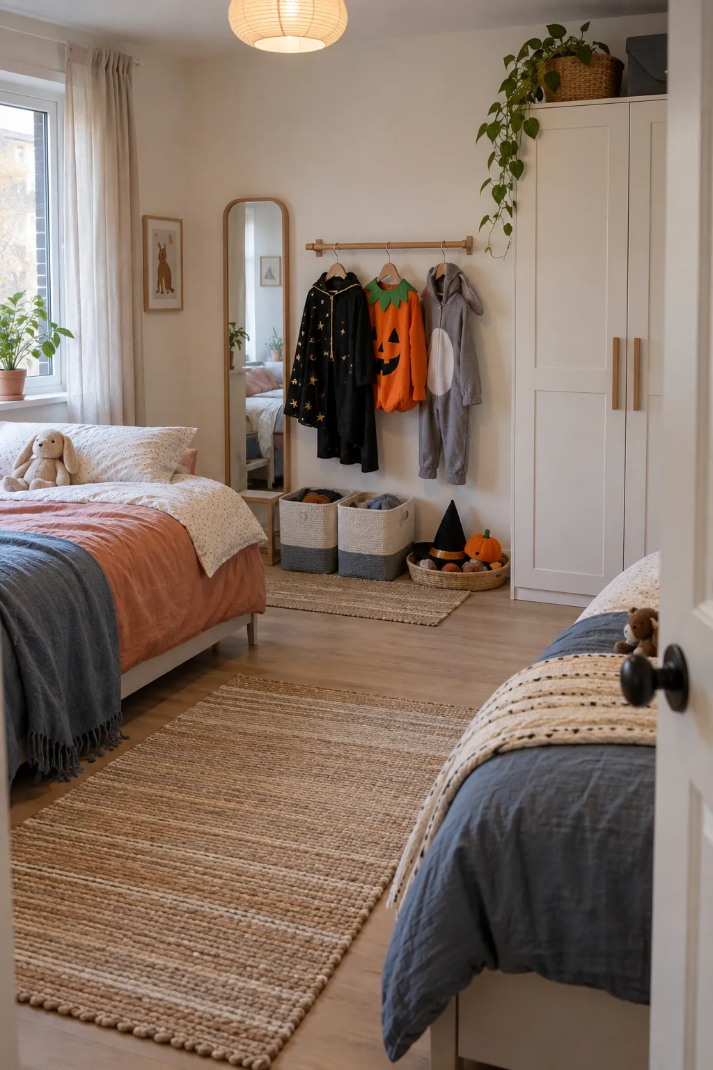 Compact Halloween costume station with two storage bins in a shared kids bedroom