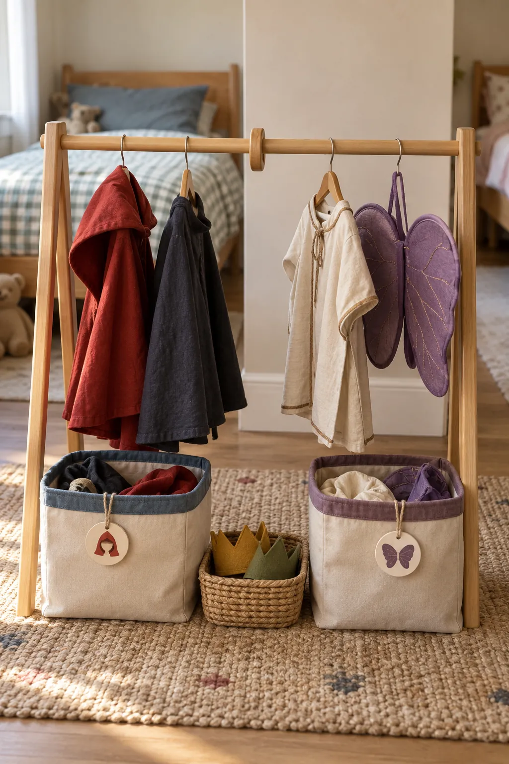 Two clearly separated costume storage zones for children sharing a bedroom