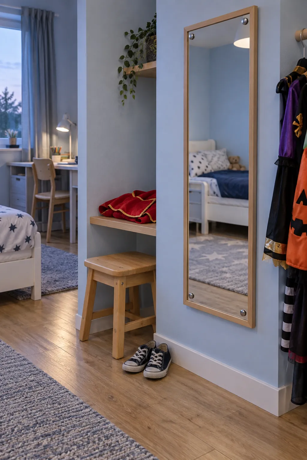 Compact costume dressing area with safely mounted mirror and tucked stool in shared kids bedroom
