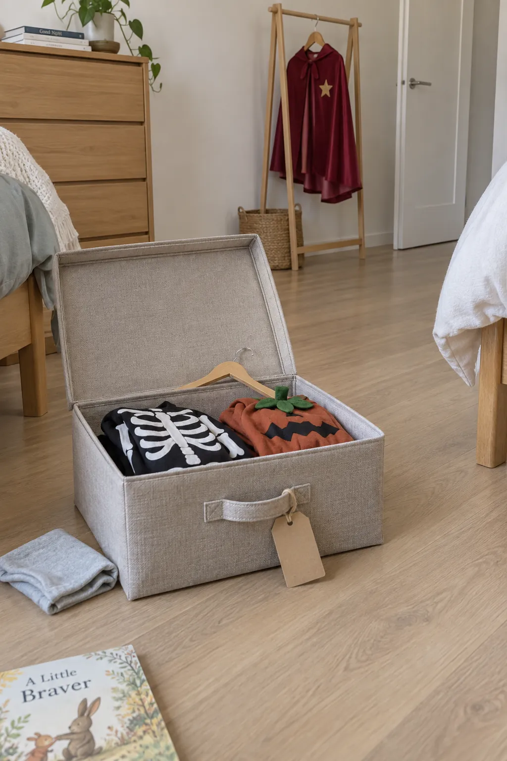 Seasonal costumes being sorted into a labeled storage box beside a tidy shared bedroom rail
