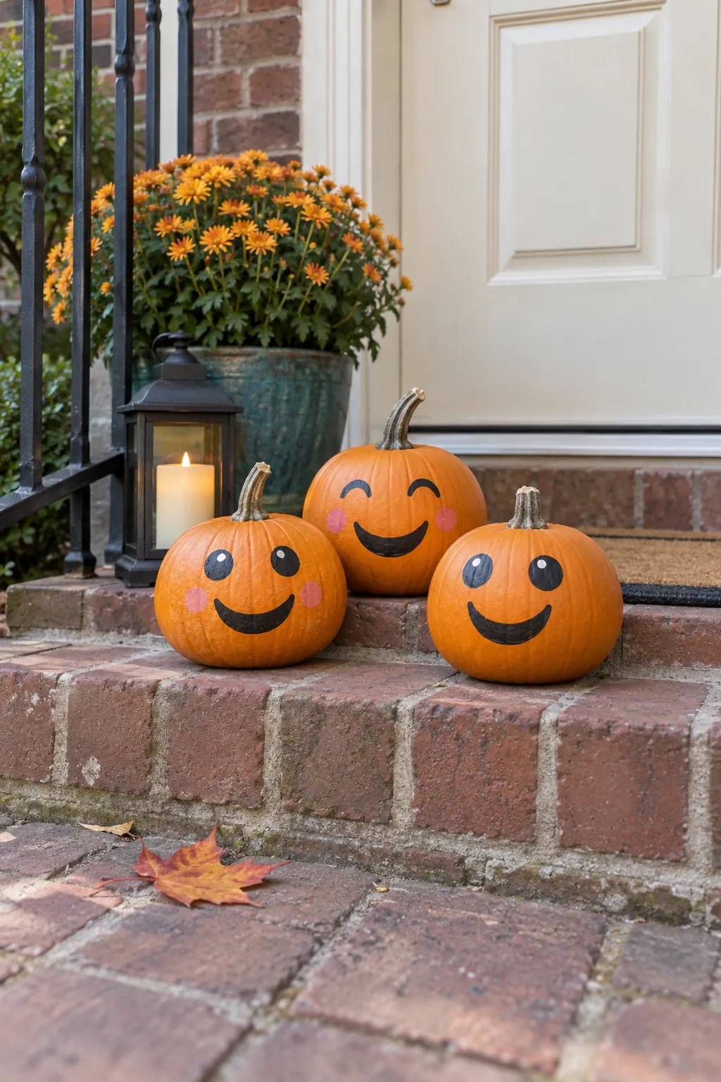 Smiling Pumpkins on the Front Steps for a gentle child friendly Halloween display