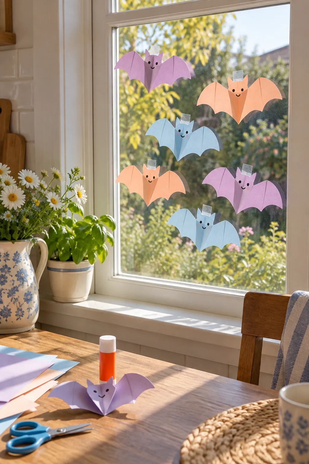 Pastel Paper Bat Window for a gentle child friendly Halloween display