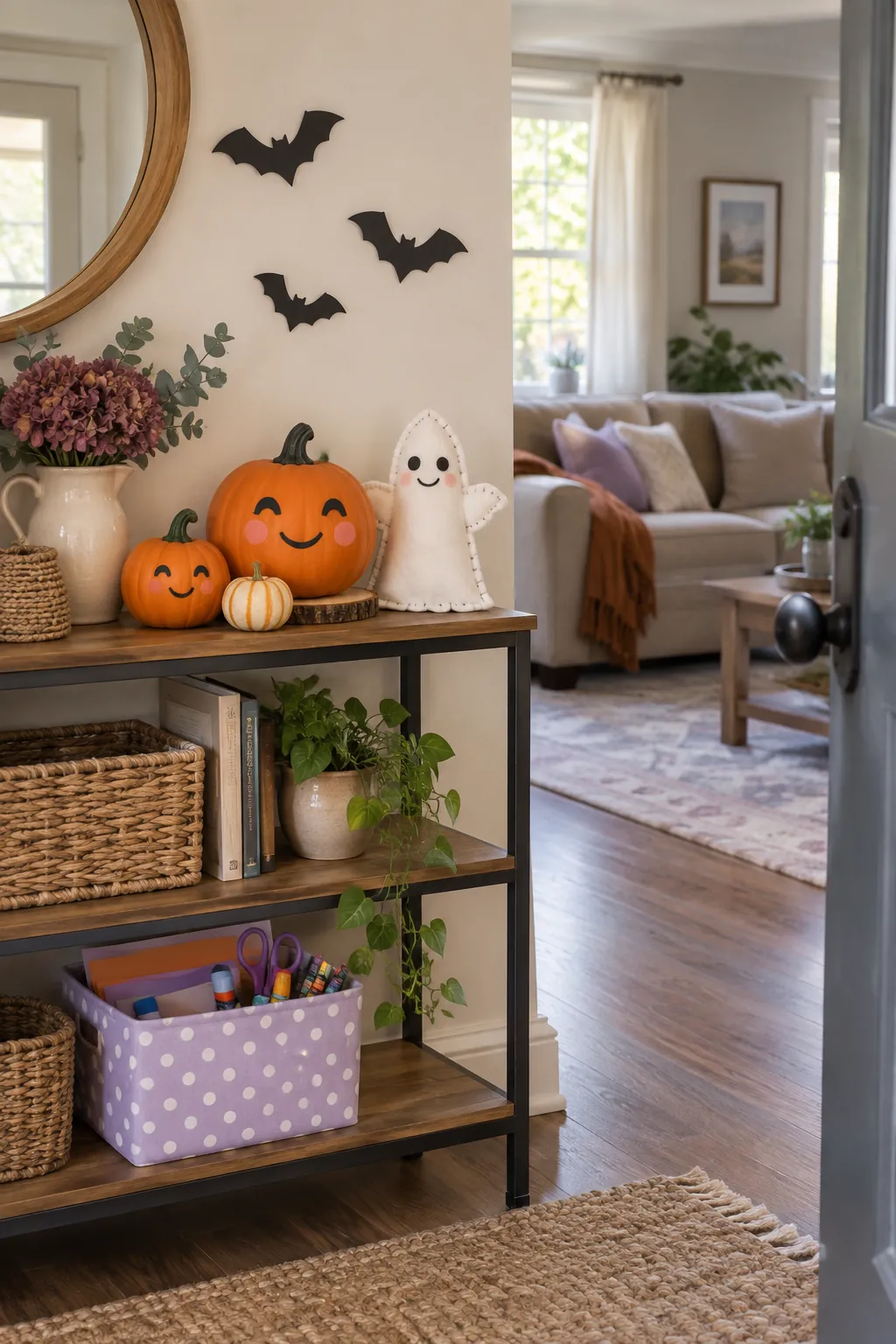 Friendly handmade Halloween decorations with smiling pumpkins and soft ghost in a family living room