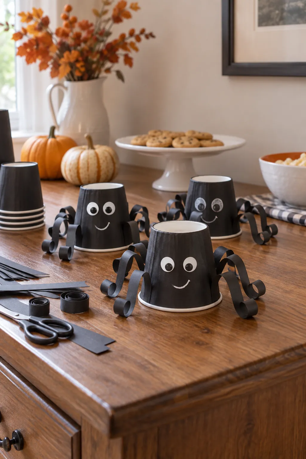 Smiling Spider Paper Cups for a gentle child friendly Halloween display