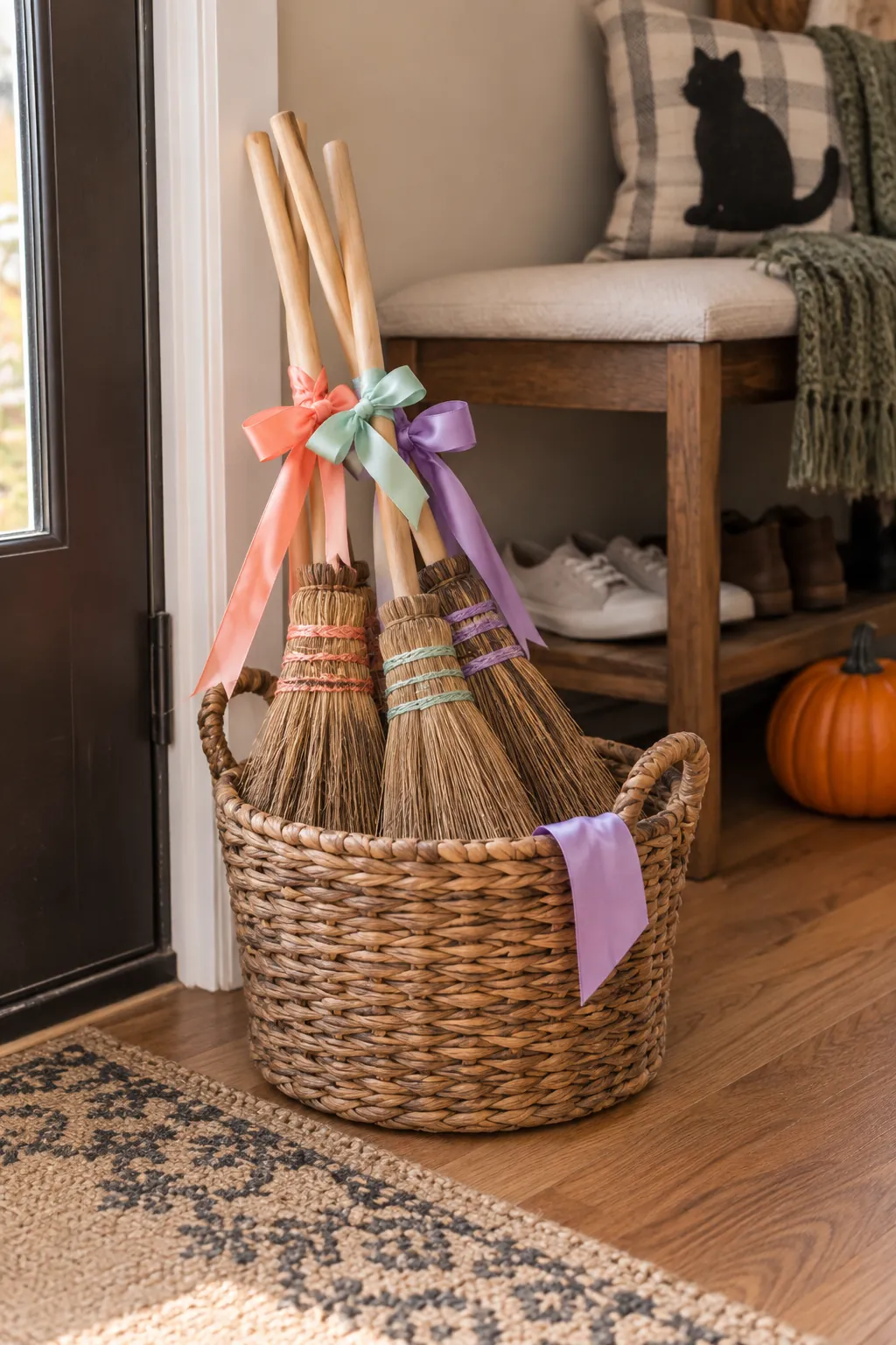 Ribbon Wrapped Broom Bundle for a gentle child friendly Halloween display