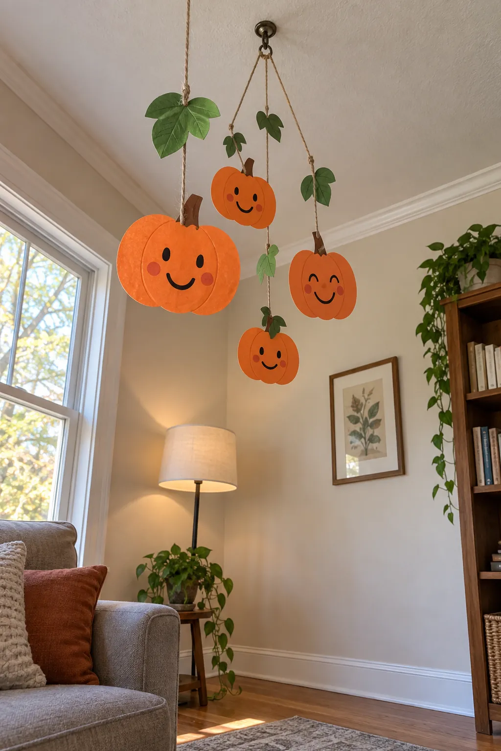 Paper Pumpkin Ceiling Drops for a gentle child friendly Halloween display