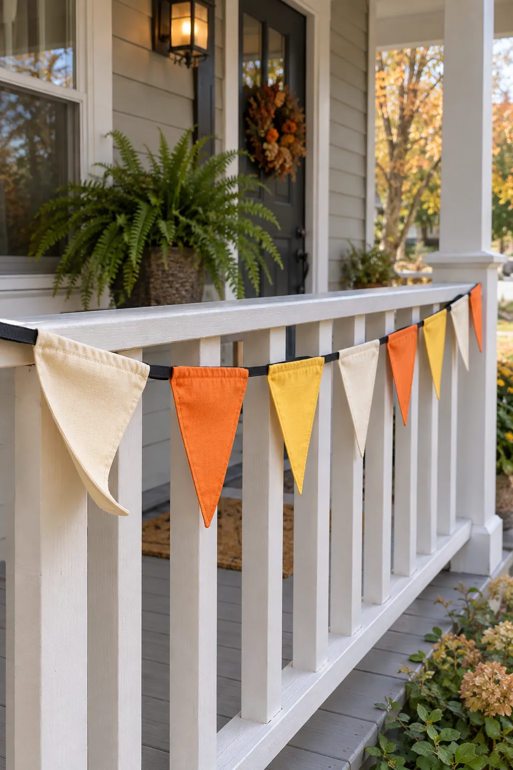 Candy Corn Colored Fabric Bunting for a gentle child friendly Halloween display
