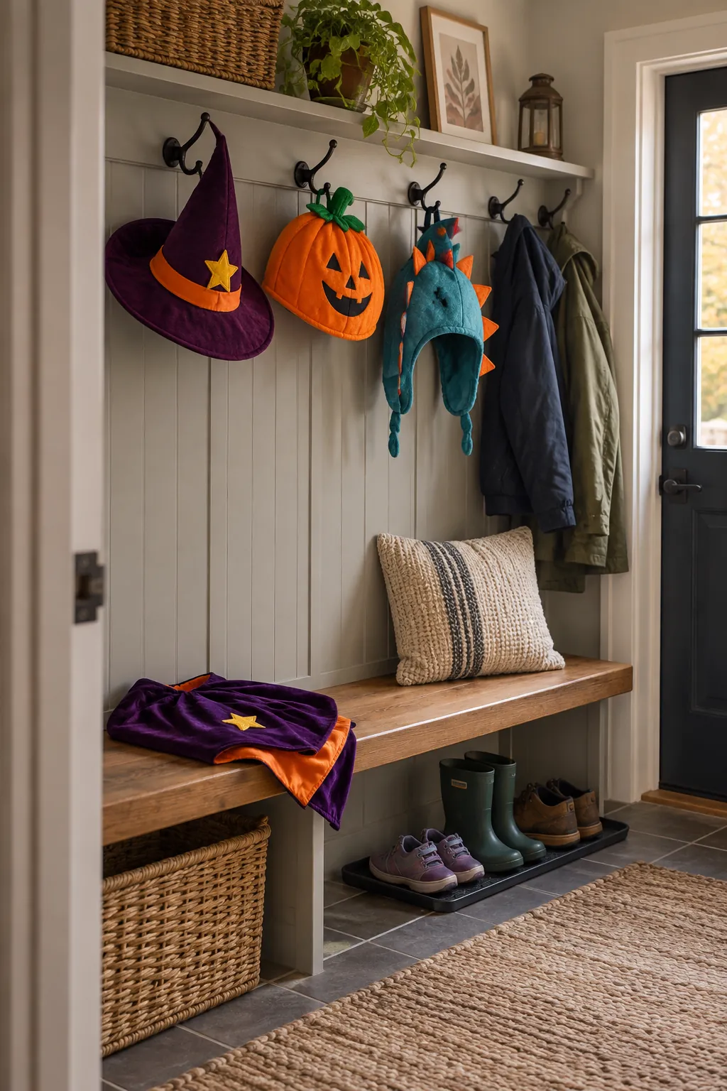 Costume Hat Peg Rail for a gentle child friendly Halloween display
