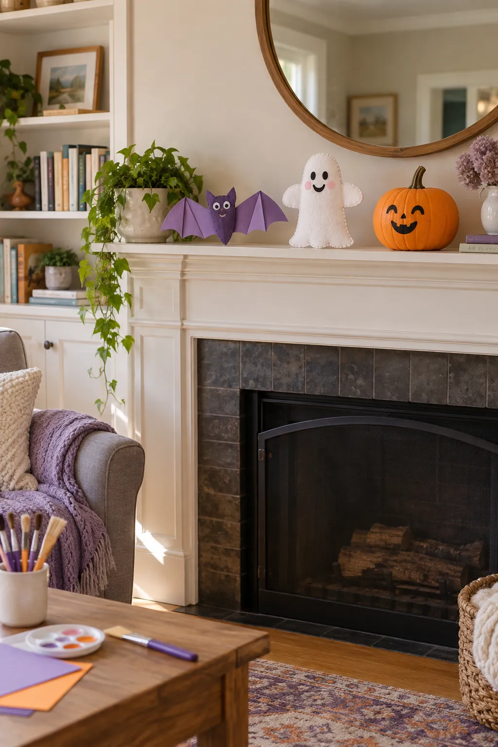 Family Made Halloween Mantel for a gentle child friendly Halloween display