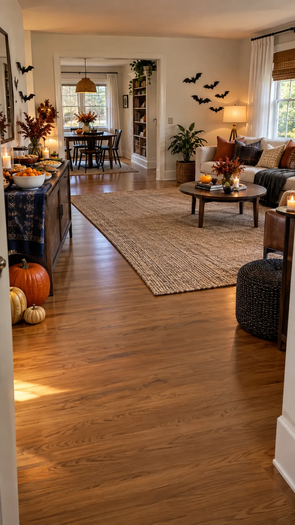 Halloween party room with open games area and separate food buffet