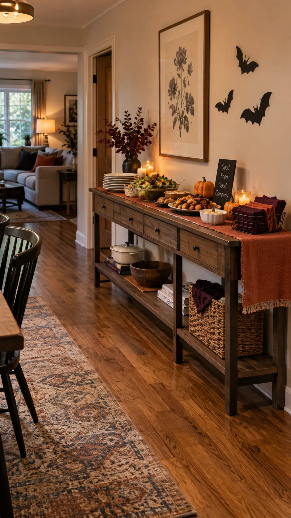 Halloween party room with wall buffet