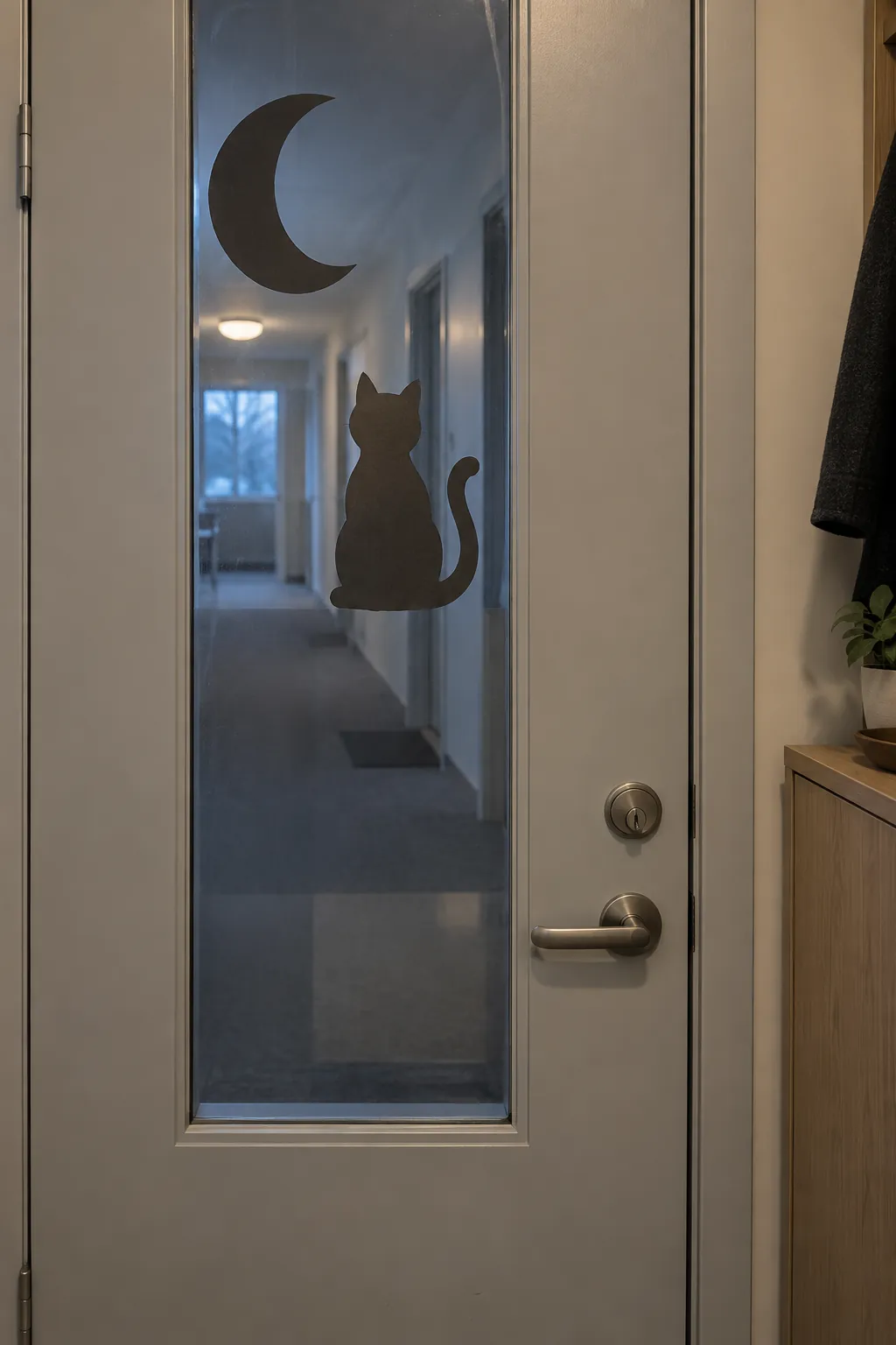 Moon and cat silhouette on the glass panel of an apartment front door