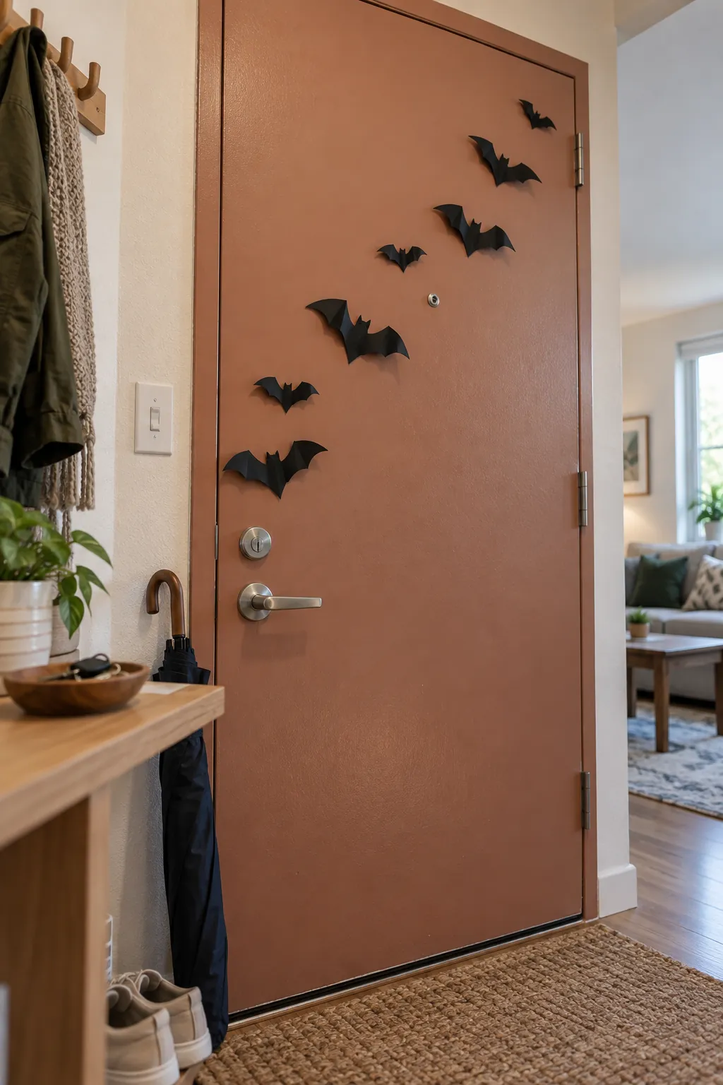Small group of paper bats rising on the inside of an apartment door