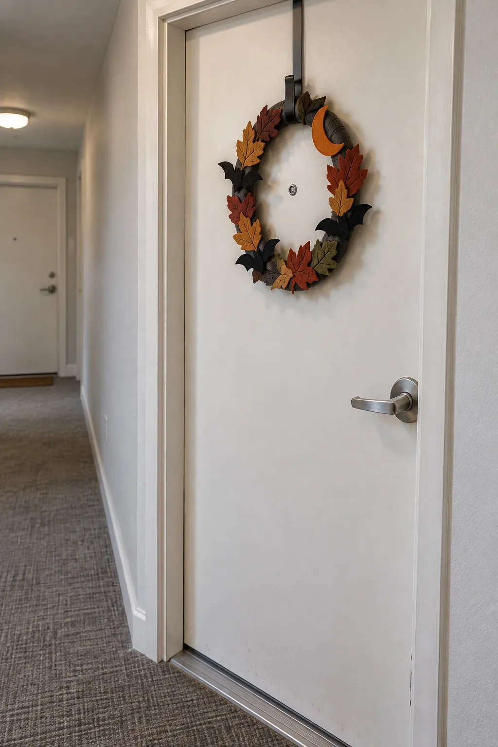 Slim felt Halloween wreath on a small apartment door