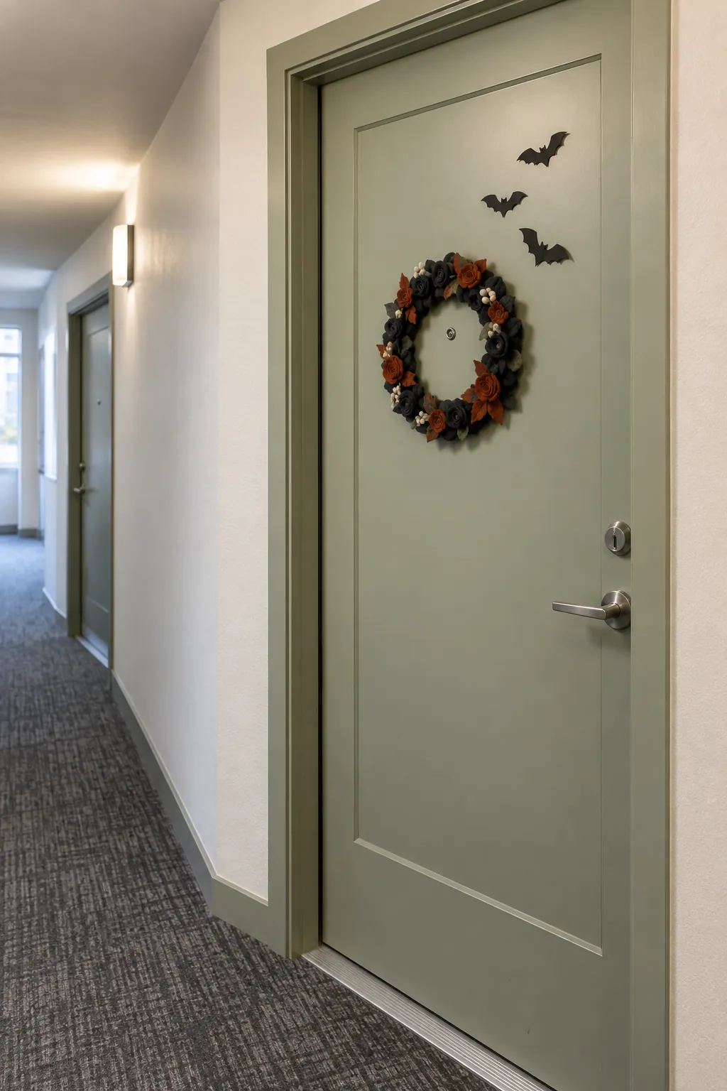 Compact Halloween decorations on an apartment front door with a clear shared hallway