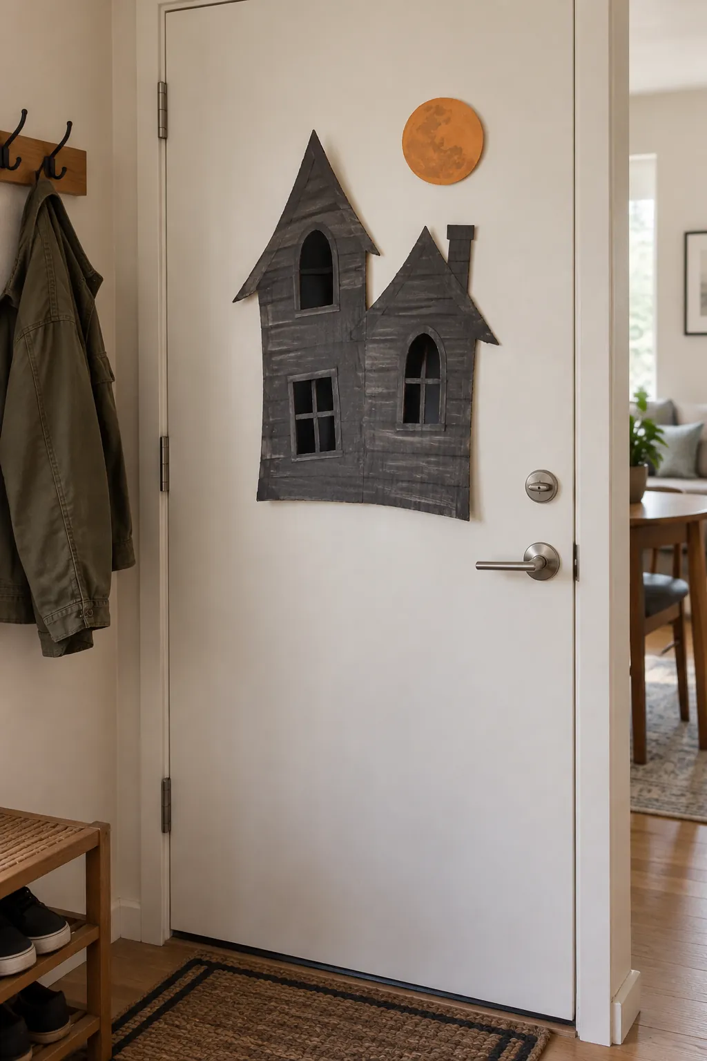 Flat handmade haunted house cutout decorating the interior of an apartment door