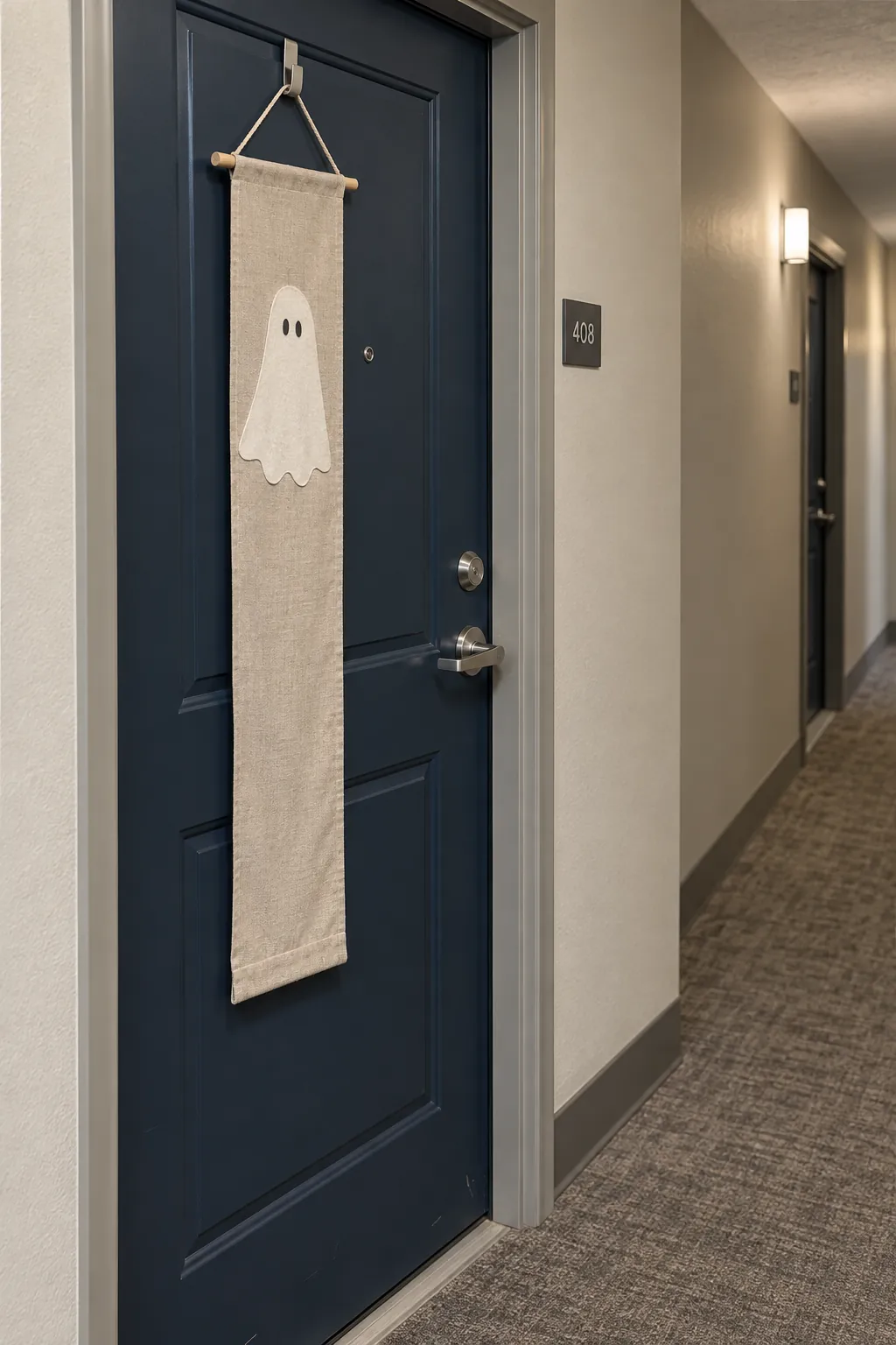 Narrow fabric ghost banner hanging flat on an apartment door