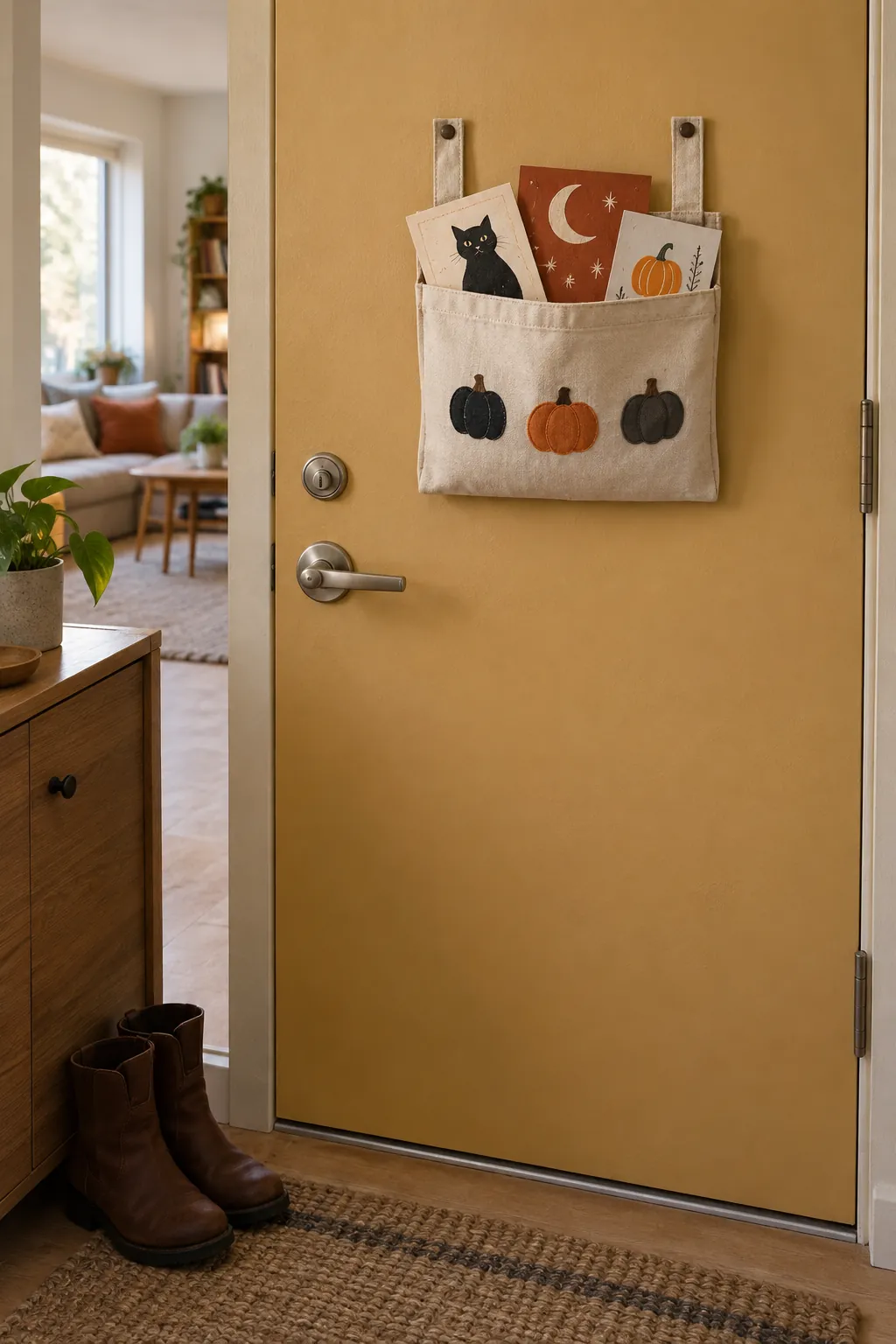 Shallow fabric pocket holding Halloween cards on the inside of an apartment door