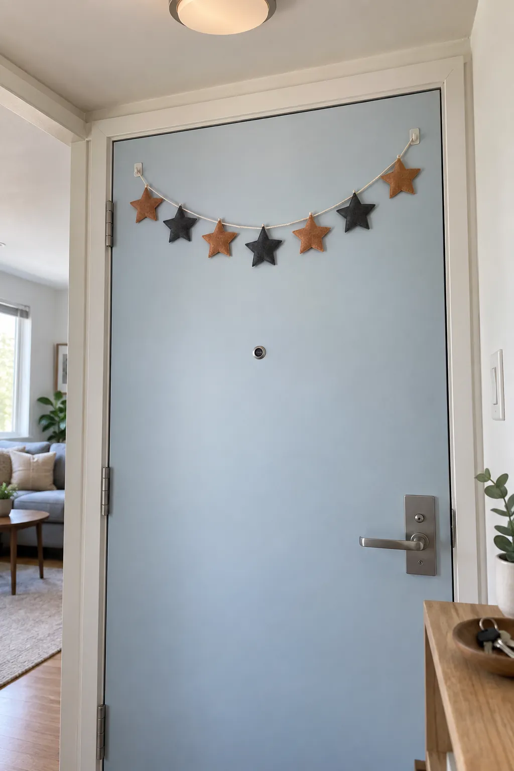 Short felt Halloween garland on the inside top edge of an apartment door