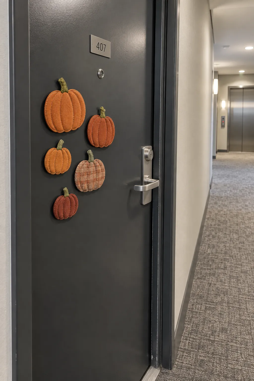 Small magnetic pumpkin decorations grouped on a steel rental apartment door