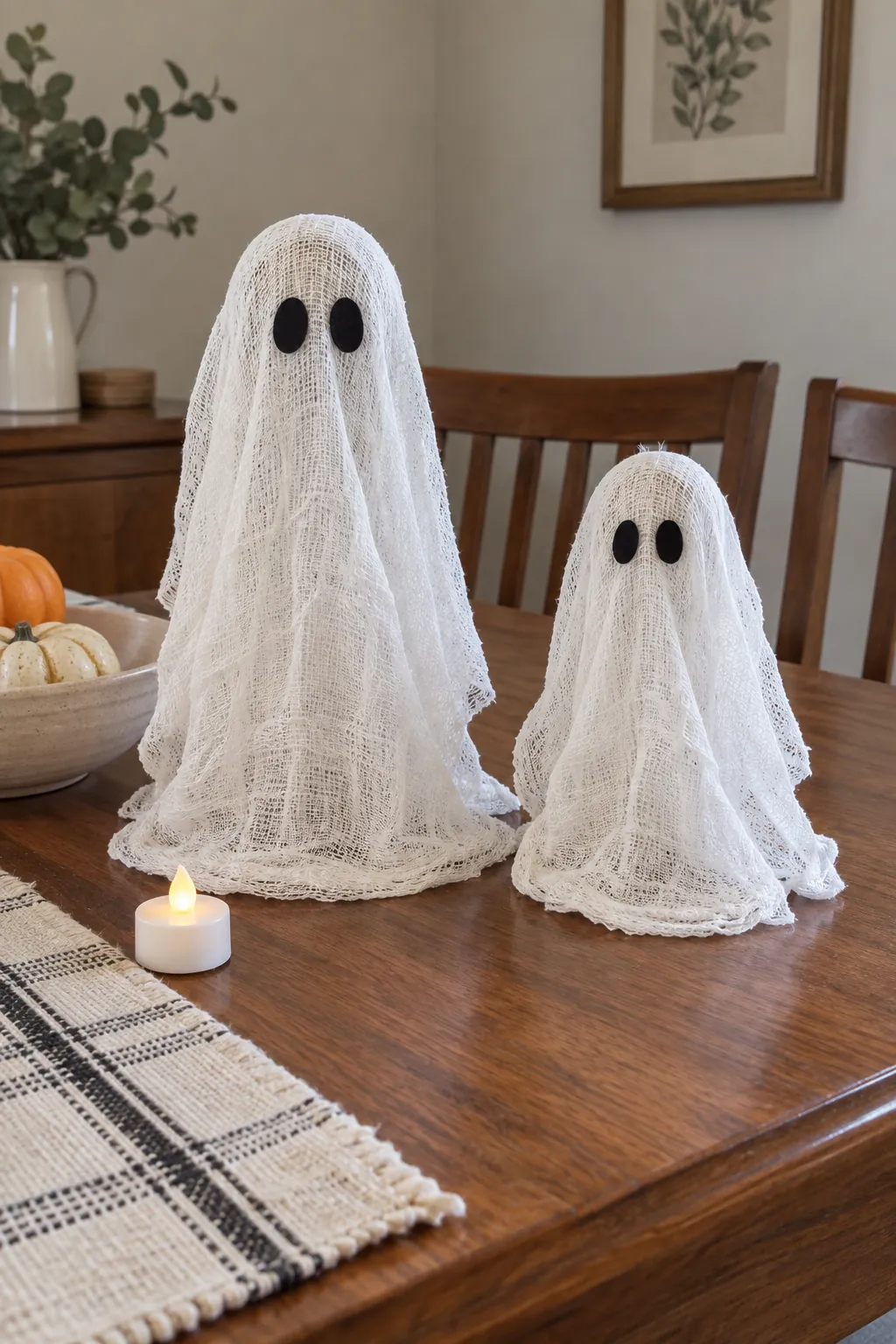 Two gentle freestanding cheesecloth ghosts displayed on a family sideboard