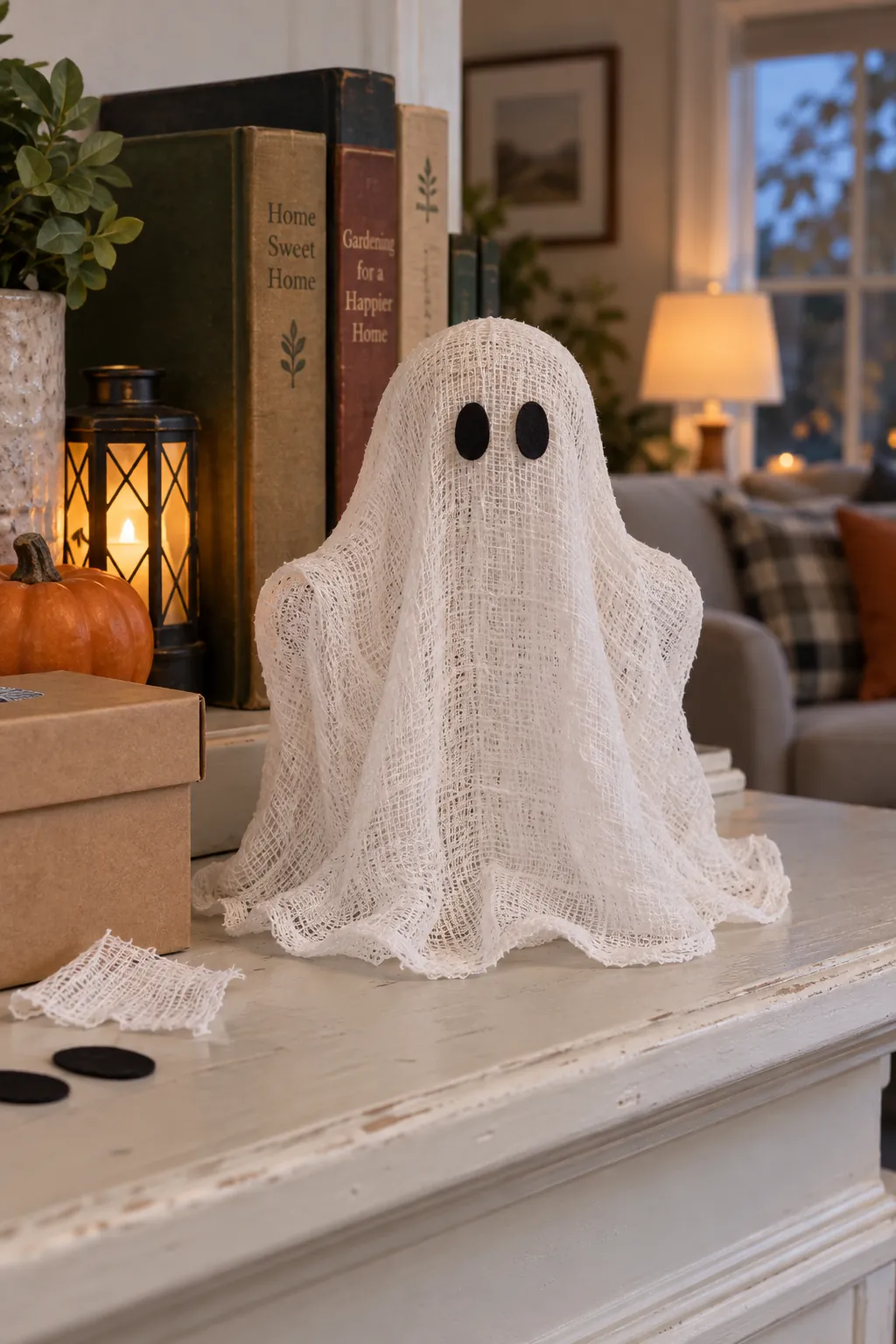 Add a Gentle Face and Display It Safely in a freestanding cheesecloth ghost tutorial