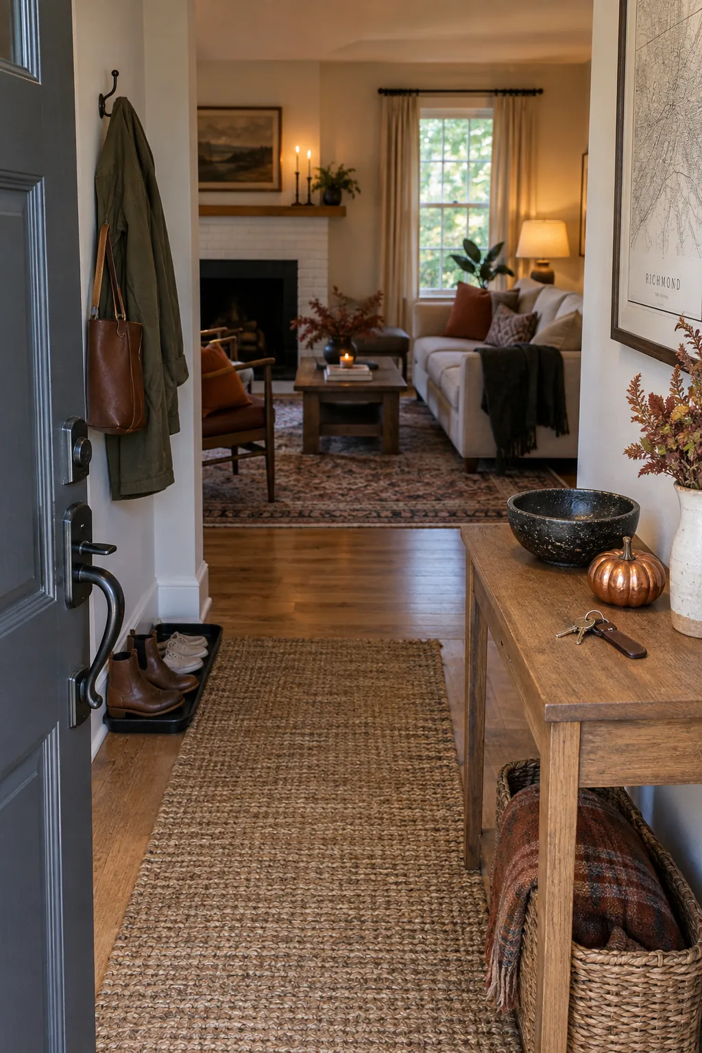 Cohesive Halloween decor showing entry bridge