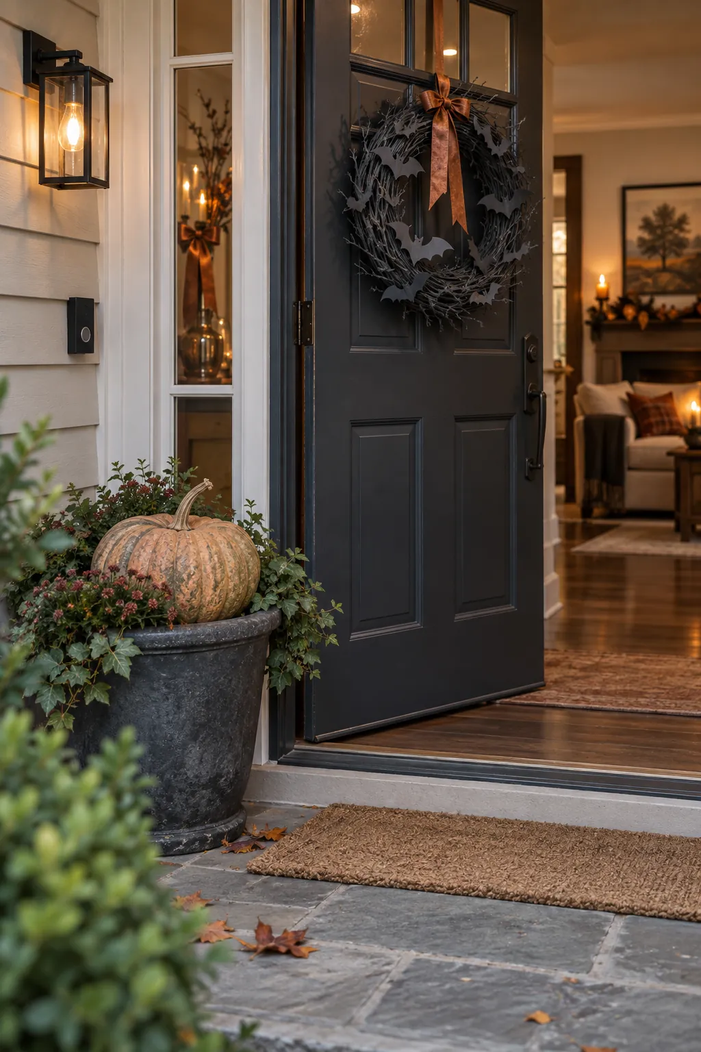 Cohesive Halloween decor showing front door promise