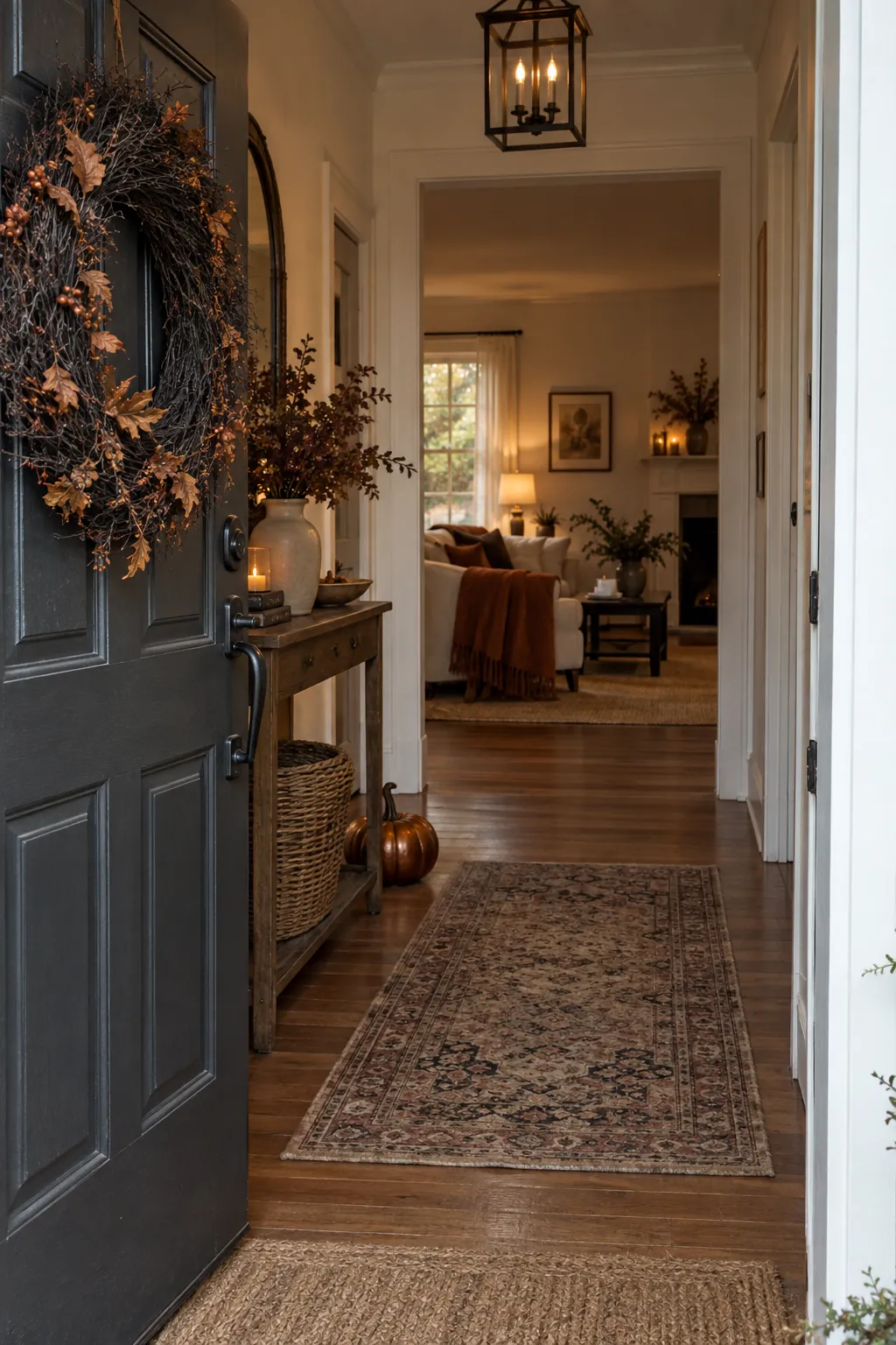 Cohesive Halloween decor connecting front door and living room