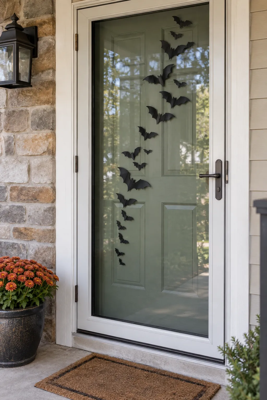 Low profile Halloween bats on a front door behind a closed storm door