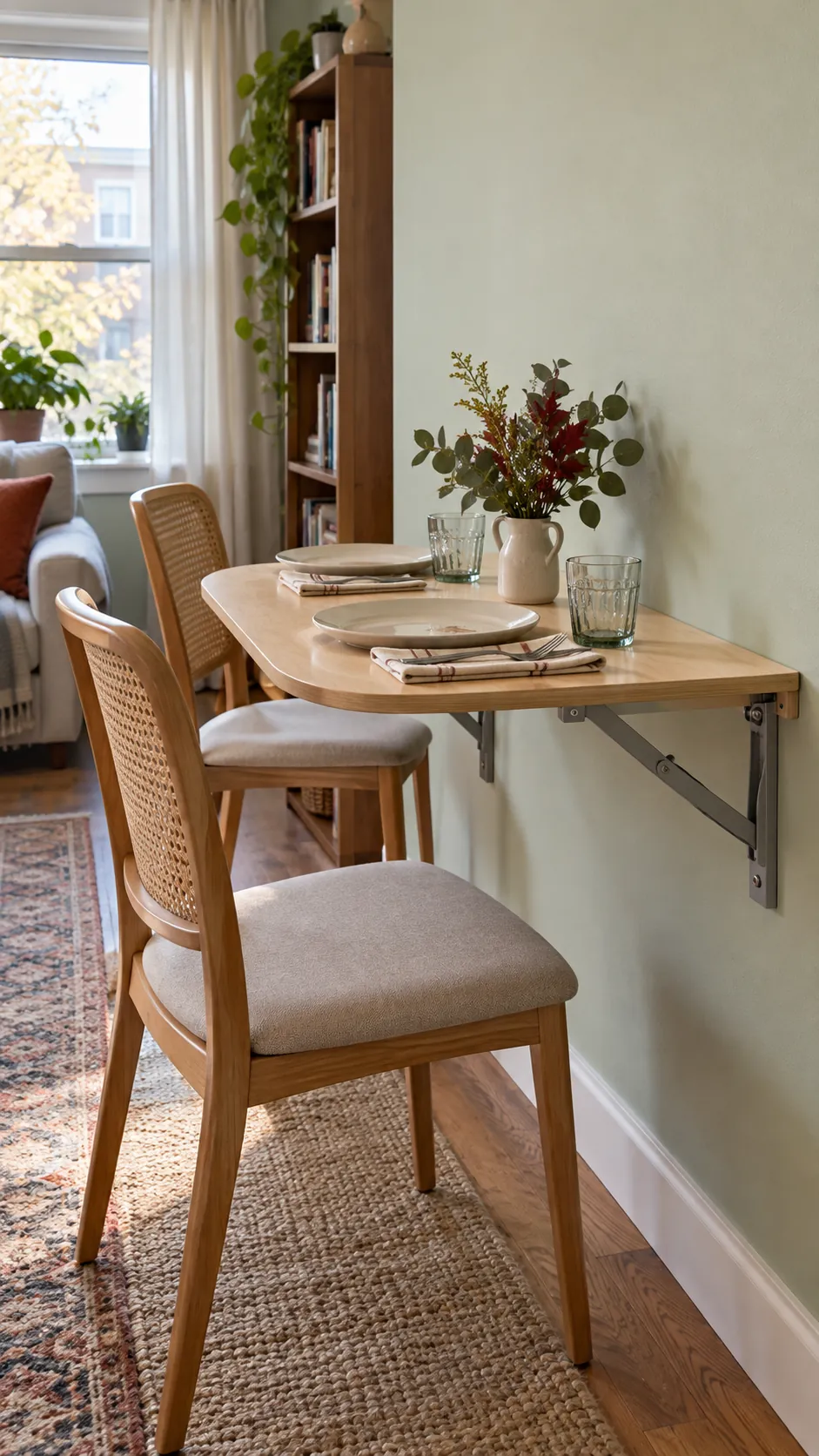 Wall mounted drop leaf table with two Thanksgiving place settings in a small apartment