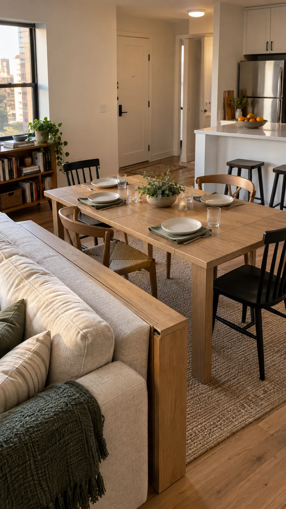 Expandable console opened as a Thanksgiving table behind a sofa in a small apartment