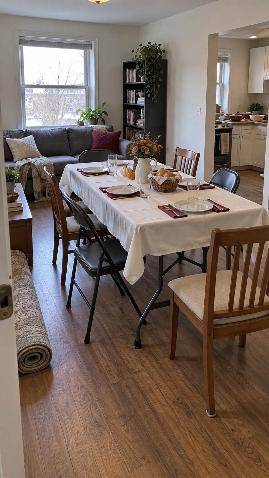 Stable folding table set for Thanksgiving in a compact living room