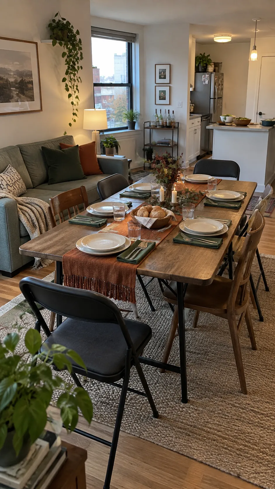 Thanksgiving table and chairs arranged in a small apartment living room without a dining room