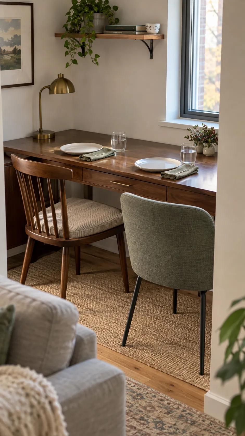 Cleared home office desk used for two Thanksgiving diners