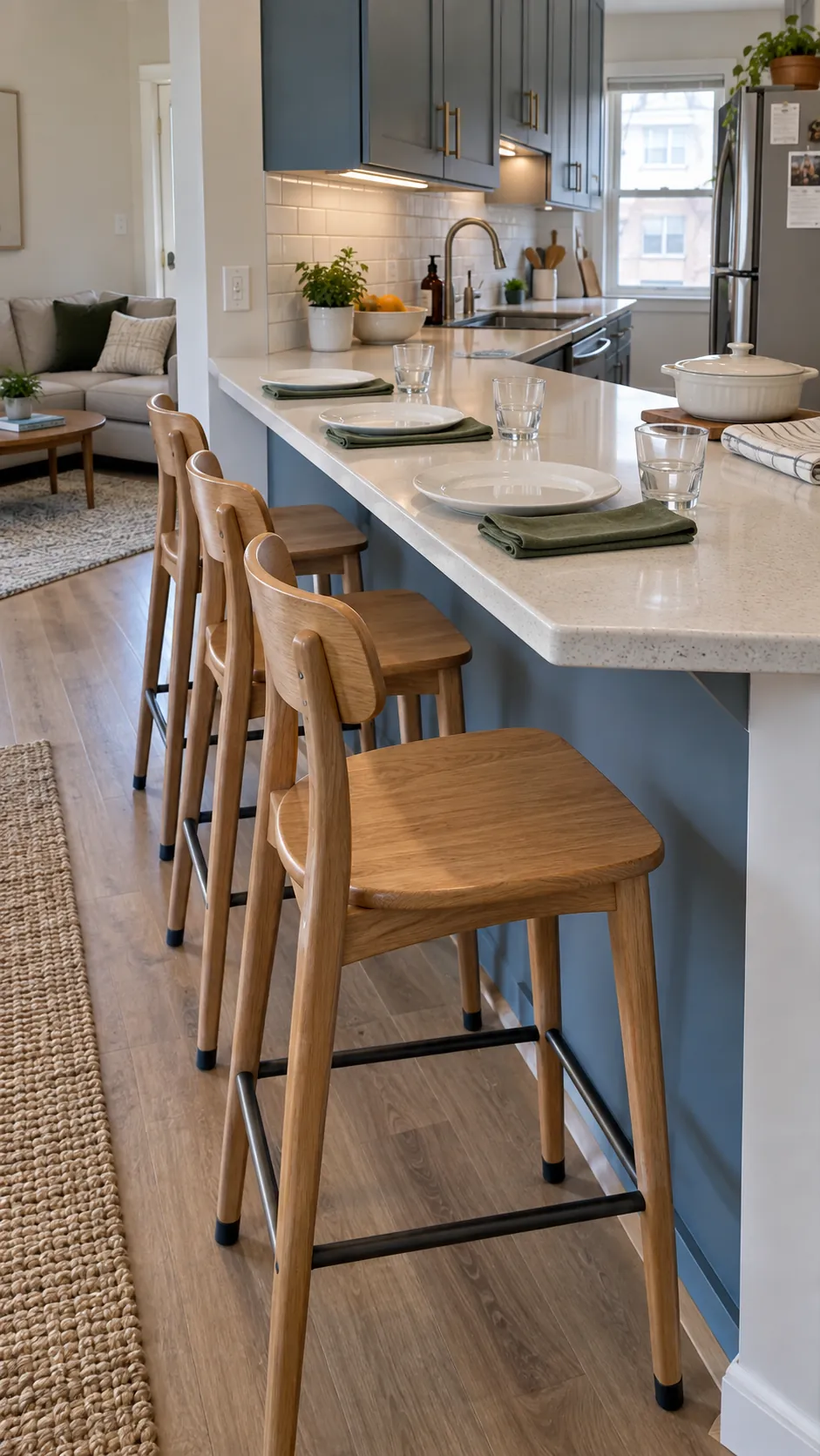 Thanksgiving place settings at a small apartment kitchen counter with stools