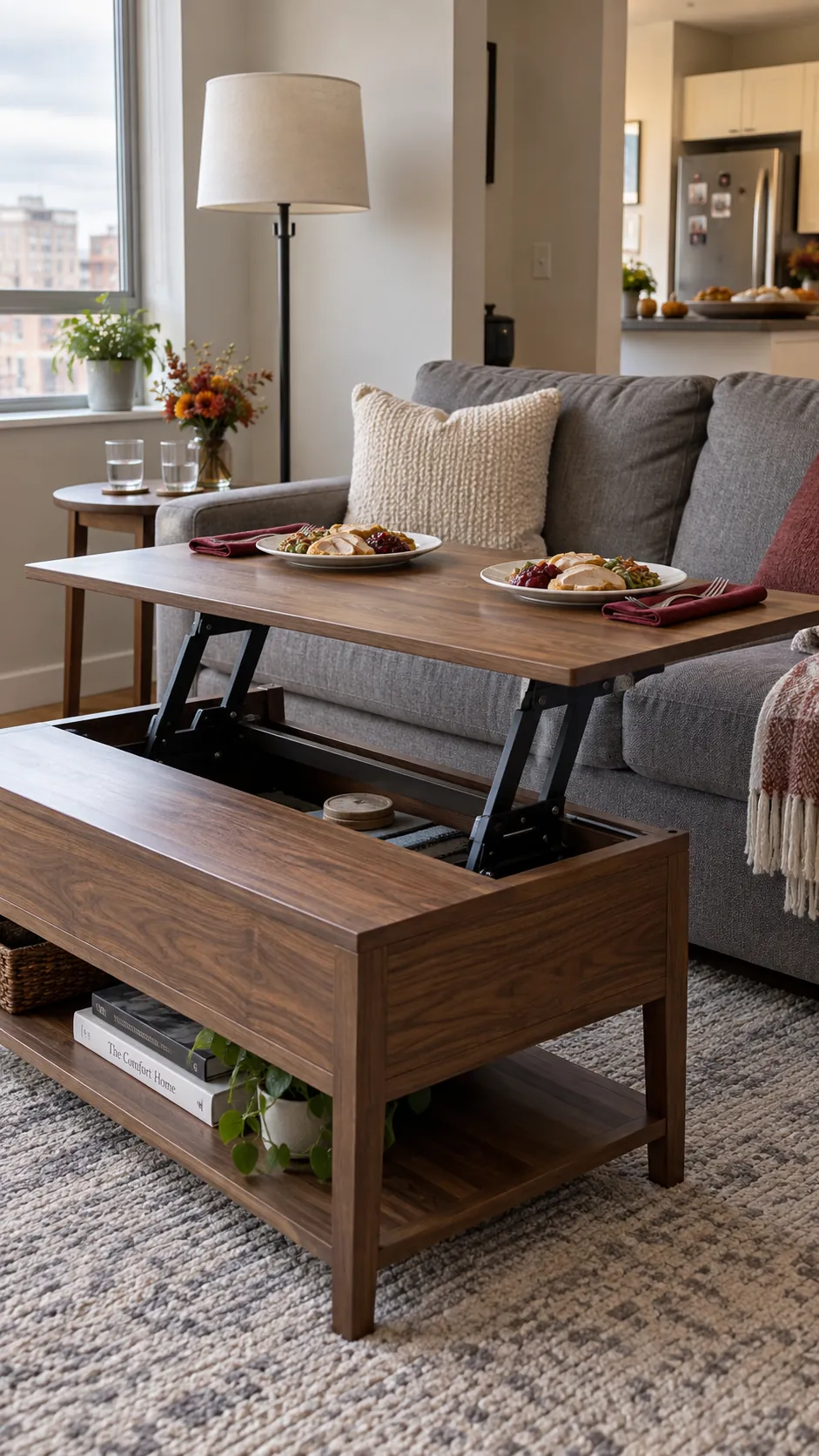 Lift top coffee table raised for two Thanksgiving diners on a sofa